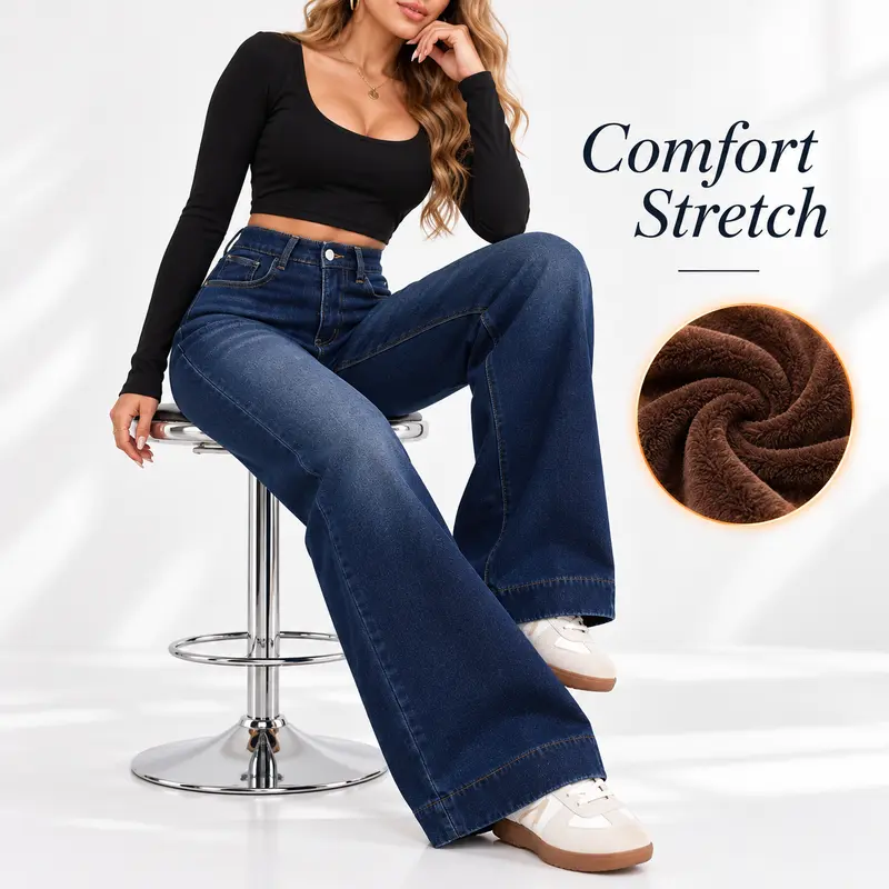 Women's Basic Fleece-Lined High-Waisted Wide-Leg Pocketed Denim Jeans