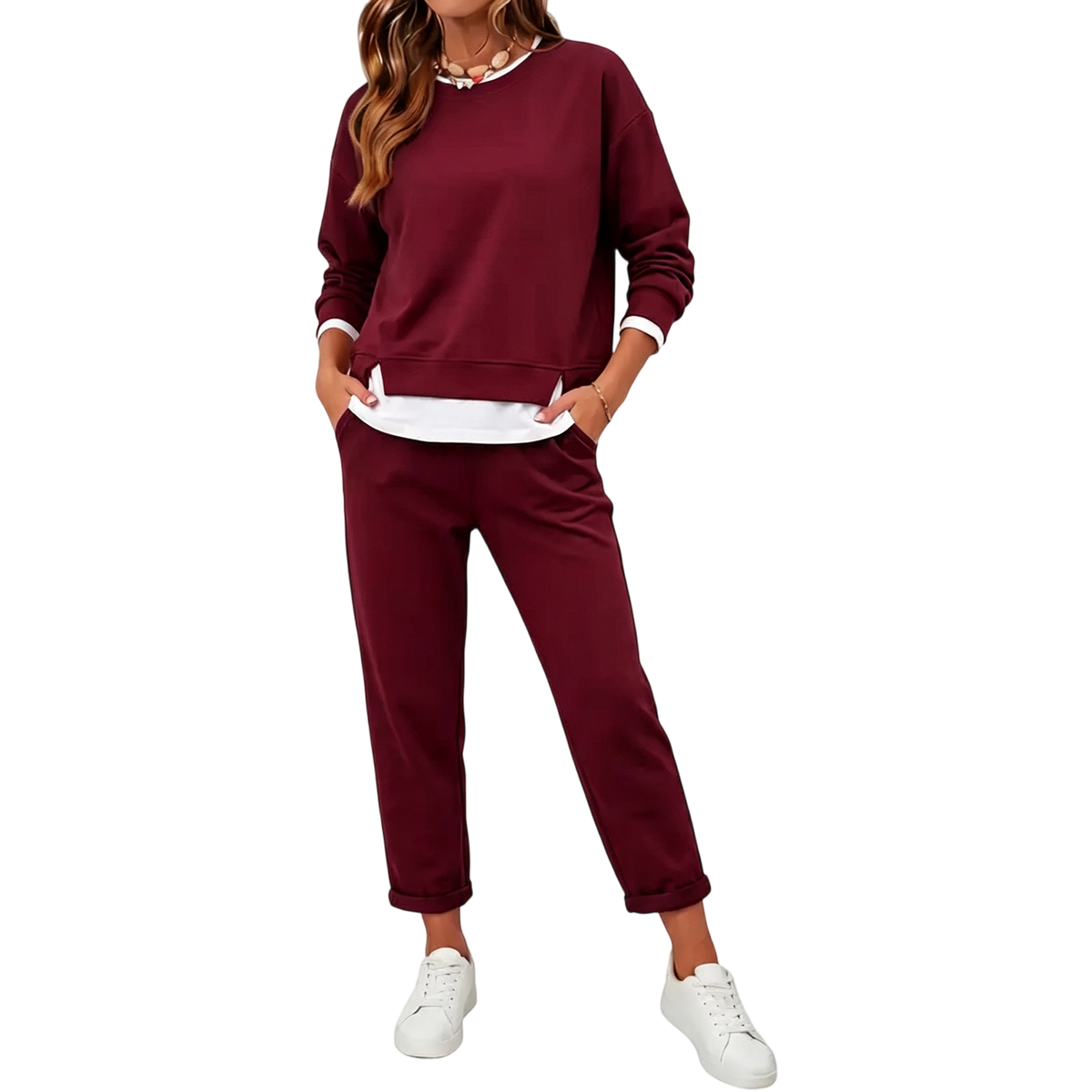Women's 2 Piece Set Fake Layering   Crewneck Fleece Long