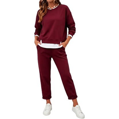 Women's 2 Piece Set Fake Layering   Crewneck Fleece Long