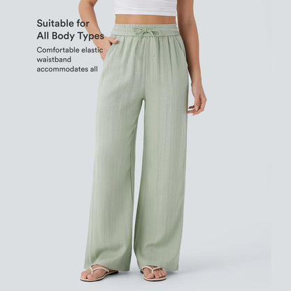 High-Waisted Drawstring Wide-Leg Linen-Feel Pants with Pockets