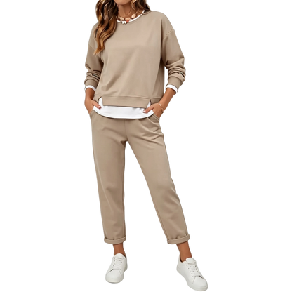 Women's 2 Piece Set Fake Layering   Crewneck Fleece Long