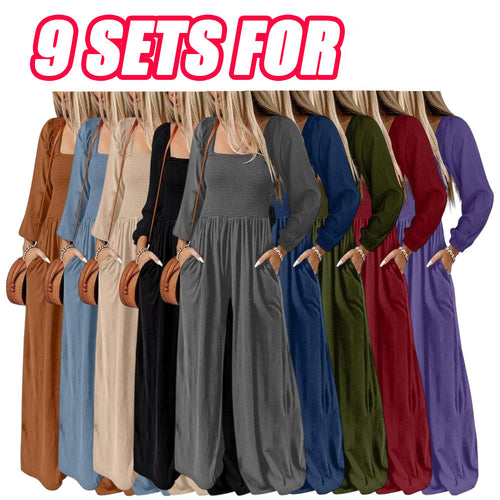 Women's Casual Loose Overalls Jumpsuits One Piece Long Sleeve Wide Leg Long Pant Rompers With Pockets