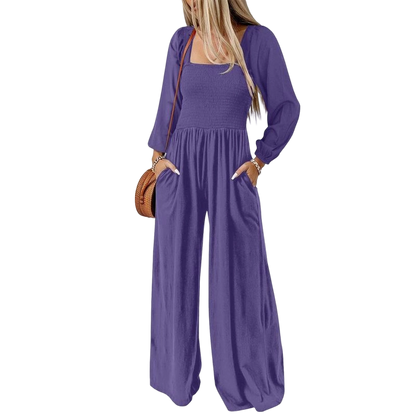 Women's Casual Loose Overalls Jumpsuits One Piece Long Sleeve Wide Leg Long Pant Rompers With Pockets