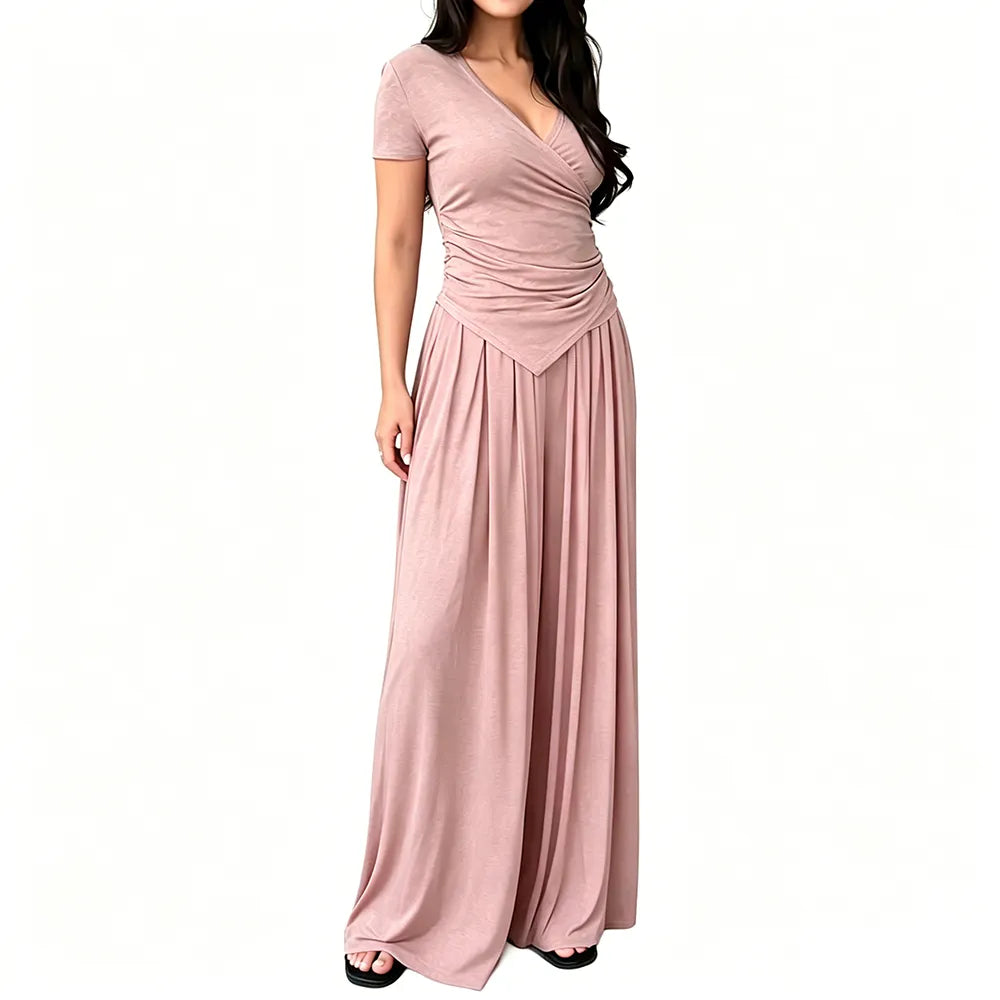 V Neck Wrap Top & High Waist Wide Leg Pants Set