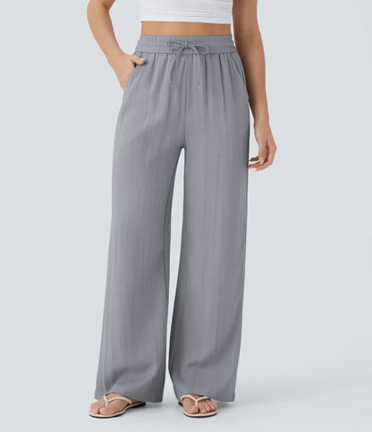 ⏰Clearance Sale⚡High Waisted Drawstring Pocket Wide Leg Casual Linen-Feel Pants