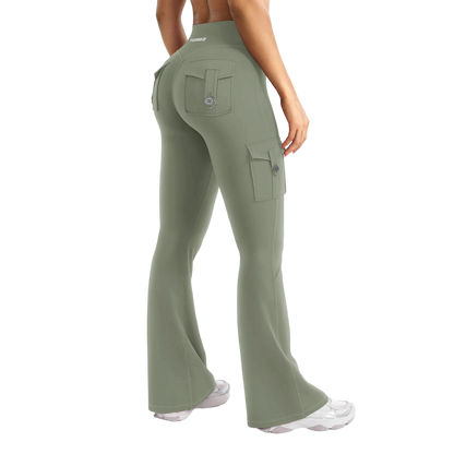 Women's Workout Flare Leggings with Pockets Hidden Scrunch High Waisted Cargo Gym Yoga