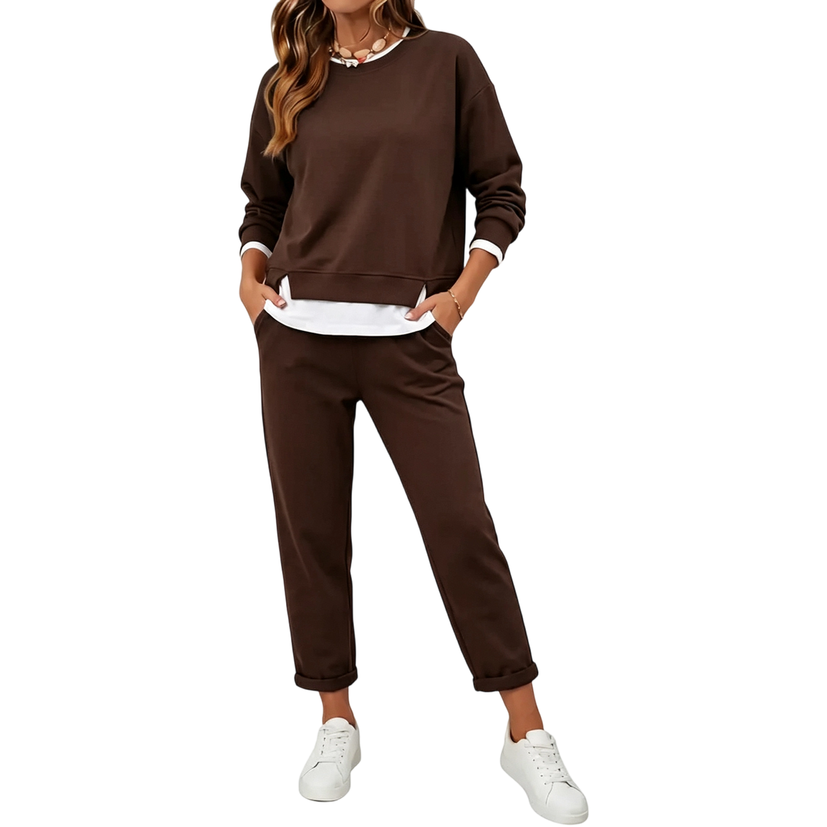 Women's 2 Piece Set Fake Layering   Crewneck Fleece Long