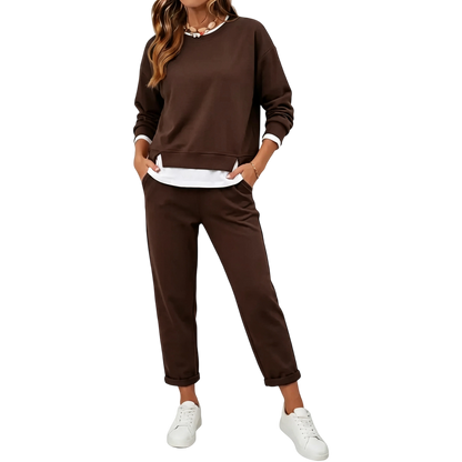 Women's 2 Piece Set Fake Layering   Crewneck Fleece Long