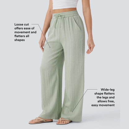 High-Waisted Drawstring Wide-Leg Linen-Feel Pants with Pockets