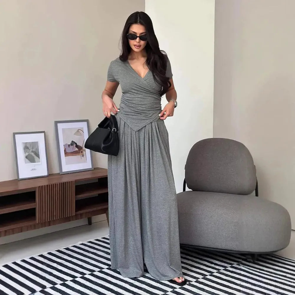 V Neck Wrap Top & High Waist Wide Leg Pants Set