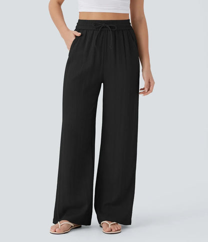 ⏰Clearance Sale⚡High Waisted Drawstring Pocket Wide Leg Casual Linen-Feel Pants