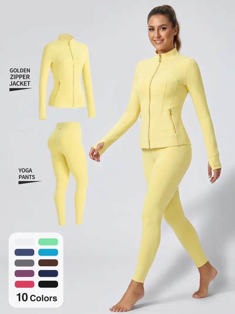 Women's Gold-Color Zip-Up Jacket & Yoga Leggings Set