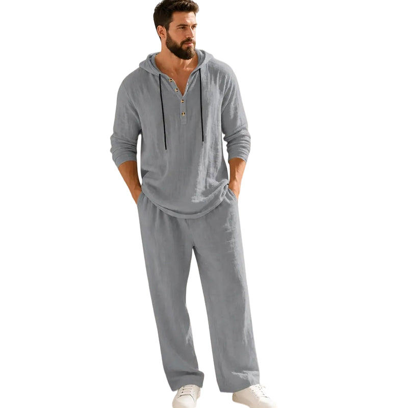⏰Clearance Sale⚡ Two-Piece Linen Set with Hooded Henley Top and Relaxed Trousers