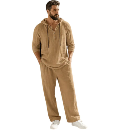 ⏰Clearance Sale⚡ Two-Piece Linen Set with Hooded Henley Top and Relaxed Trousers