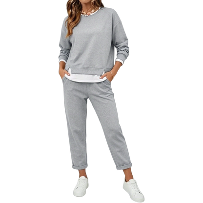 Women's 2 Piece Set Fake Layering   Crewneck Fleece Long