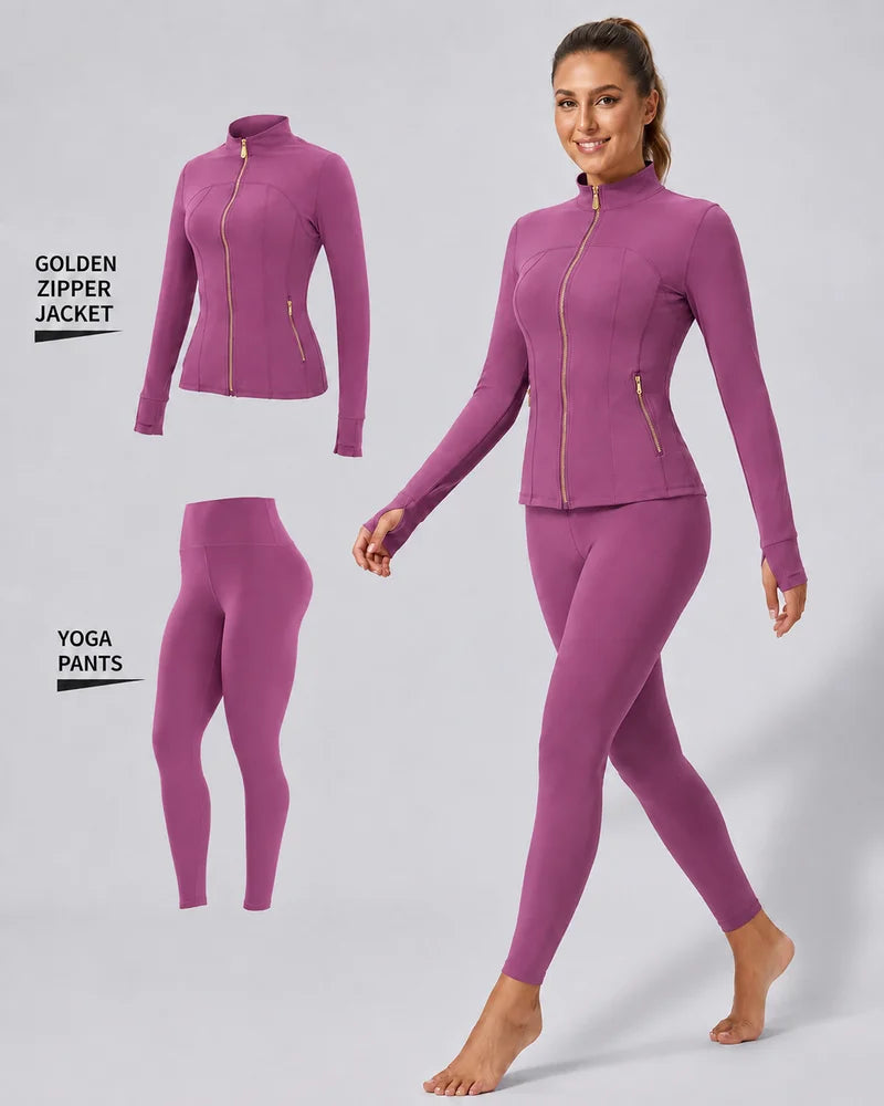 Women's Gold-Color Zip-Up Jacket & Yoga Leggings Set