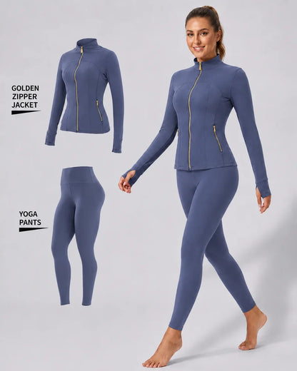 Women's Gold-Color Zip-Up Jacket & Yoga Leggings Set