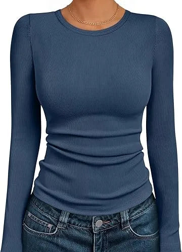 🔥8- PACK Women's Long Sleeve Blouses Shirts with Ribbed Knit Work Office Basic Tops