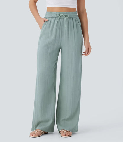 ⏰Clearance Sale⚡High Waisted Drawstring Pocket Wide Leg Casual Linen-Feel Pants