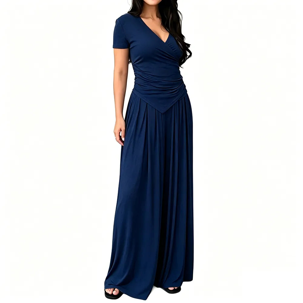 V Neck Wrap Top & High Waist Wide Leg Pants Set