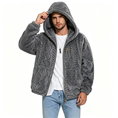 Men's Jacquard Thermal Fleece Zip-Up Hoodie, Loose Fit Warm Plush Texture Hooded Jacket with Kangaroo Pockets