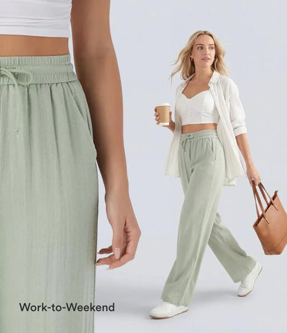 ⏰Clearance Sale⚡High Waisted Drawstring Pocket Wide Leg Casual Linen-Feel Pants