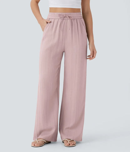 ⏰Clearance Sale⚡High Waisted Drawstring Pocket Wide Leg Casual Linen-Feel Pants
