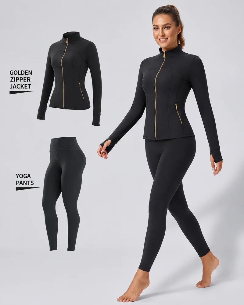 Women's Gold-Color Zip-Up Jacket & Yoga Leggings Set