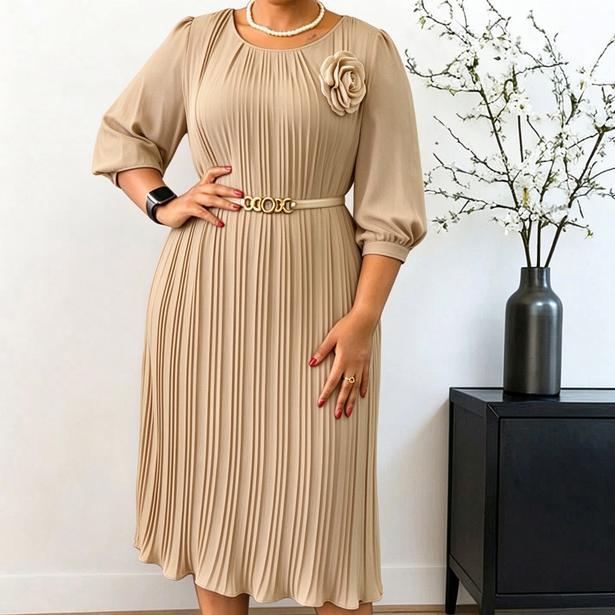 Women's 3/4 Sleeve Pleated Midi Dress with Belt