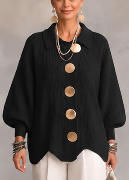 🔥 LAST DAY  ⏰ Women's Oversized Collared Knit Cardigan – Soft Cozy Fit With Elegant Metal Buttons