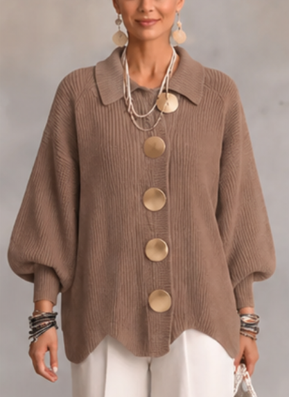 🔥 LAST DAY  ⏰ Women's Oversized Collared Knit Cardigan – Soft Cozy Fit With Elegant Metal Buttons