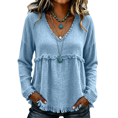 Women's Boho V Neck Long Sleeve Fringe Top Plus Size