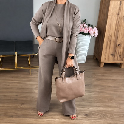 Elegant 3-piece set including long cardigan, top and pants