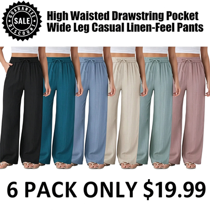 ⏰Clearance Sale⚡High Waisted Drawstring Pocket Wide Leg Casual Linen-Feel Pants