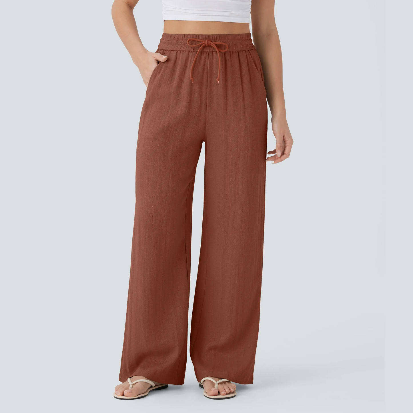 High-Waisted Drawstring Wide-Leg Linen-Feel Pants with Pockets