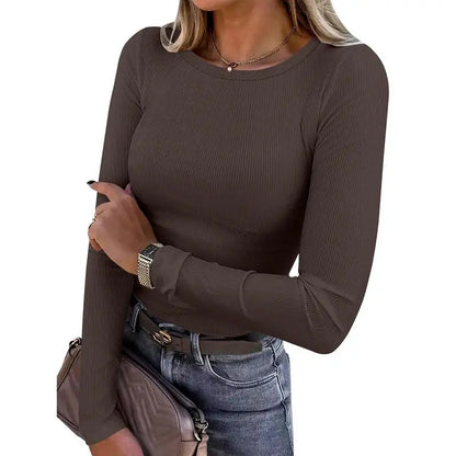 Women Long Sleeve Crewneck Rib Knit Slim Fit Shirts
