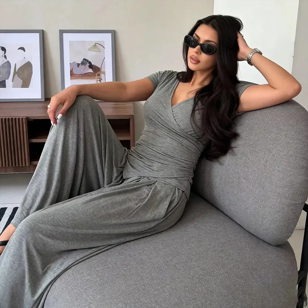 V Neck Wrap Top & High Waist Wide Leg Pants Set
