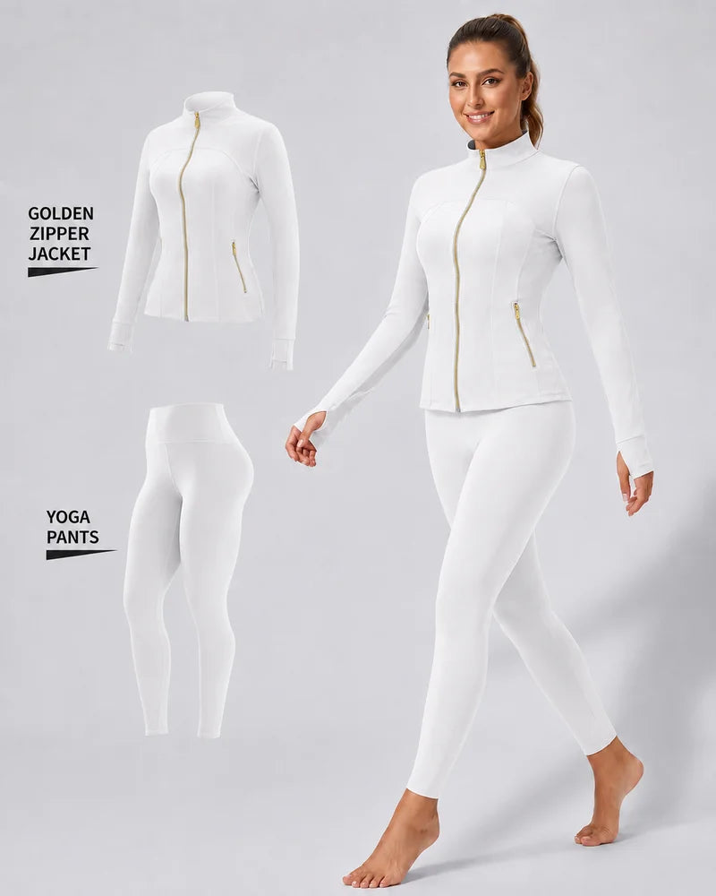 Women's Gold-Color Zip-Up Jacket & Yoga Leggings Set