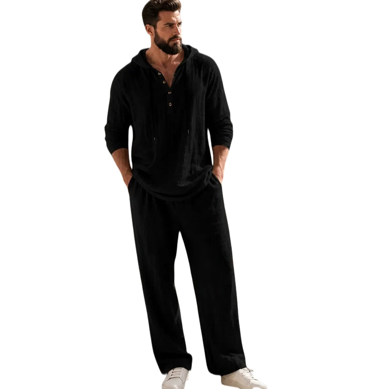 ⏰Clearance Sale⚡ Two-Piece Linen Set with Hooded Henley Top and Relaxed Trousers