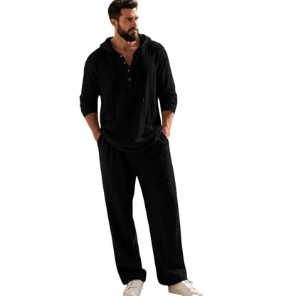 ⏰Clearance Sale⚡ Two-Piece Linen Set with Hooded Henley Top and Relaxed Trousers