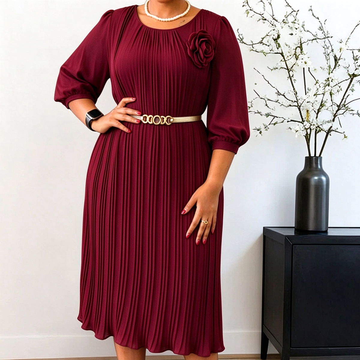 Women's 3/4 Sleeve Pleated Midi Dress with Belt