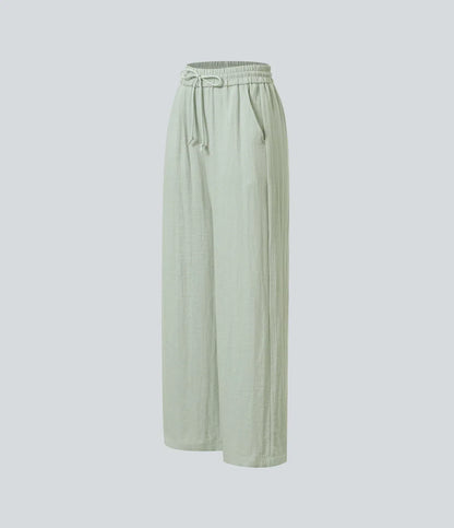 ⏰Clearance Sale⚡High Waisted Drawstring Pocket Wide Leg Casual Linen-Feel Pants