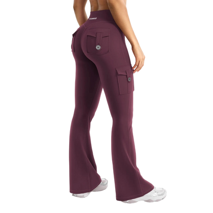 Women's Workout Flare Leggings with Pockets Hidden Scrunch High Waisted Cargo Gym Yoga