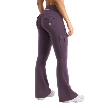 Women's Workout Flare Leggings with Pockets Hidden Scrunch High Waisted Cargo Gym Yoga