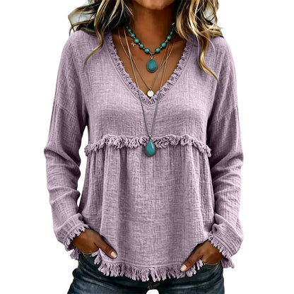 Women's Boho V Neck Long Sleeve Fringe Top Plus Size