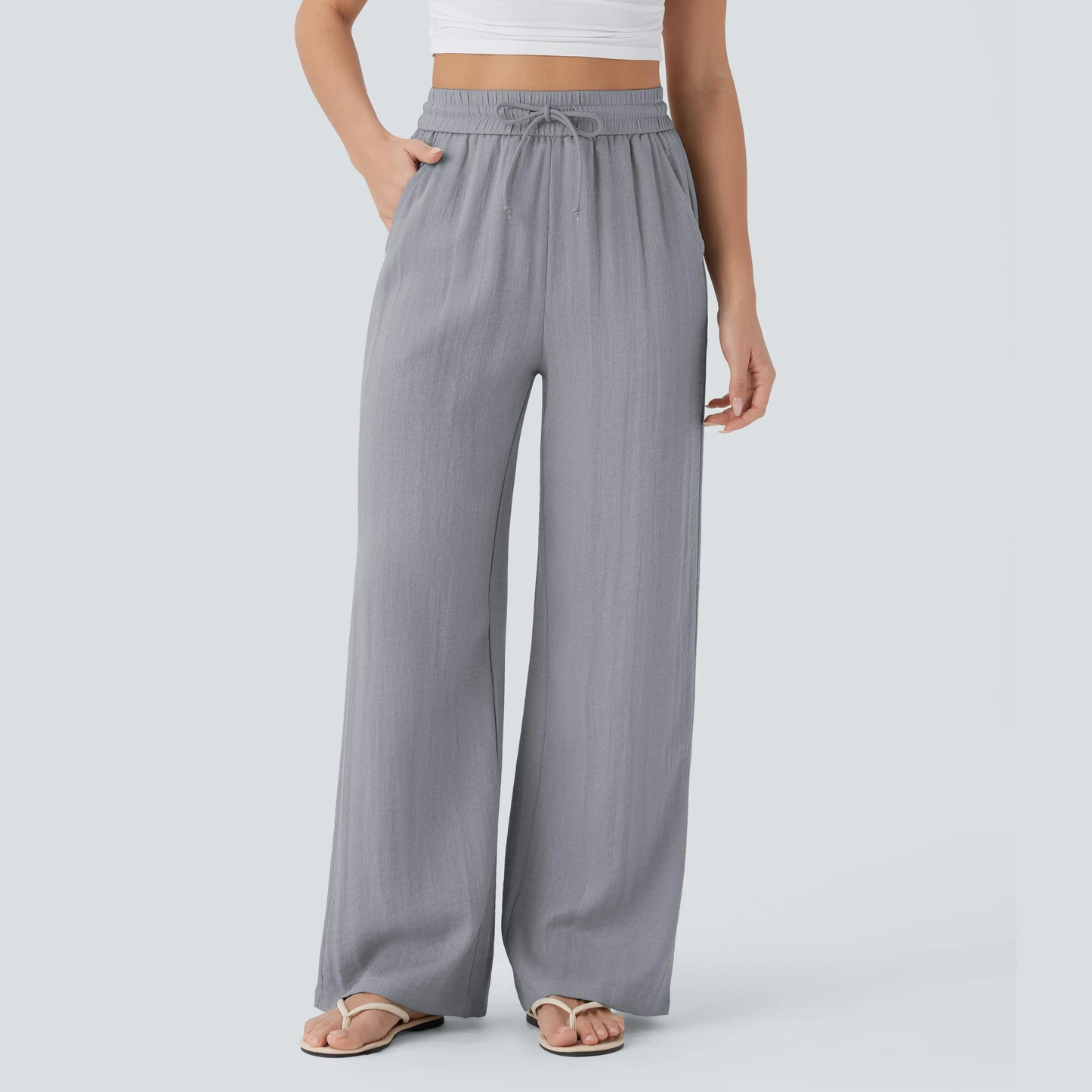 High-Waisted Drawstring Wide-Leg Linen-Feel Pants with Pockets