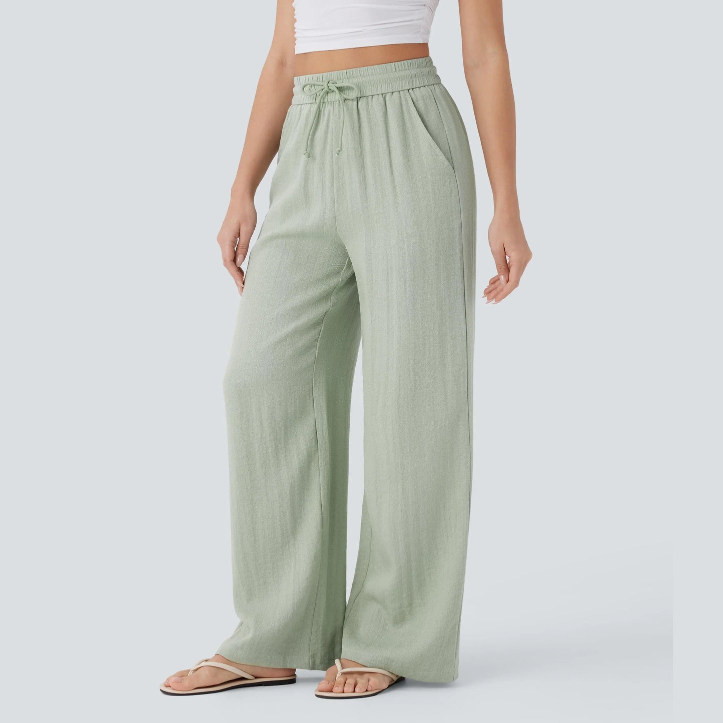 High-Waisted Drawstring Wide-Leg Linen-Feel Pants with Pockets