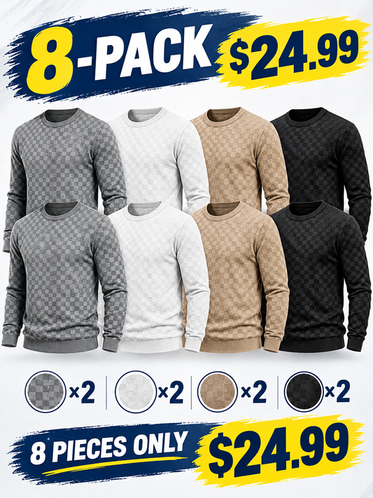 Men's Checkered Knit Sweaters – Lightweight Crewneck Long Sleeve Pullovers