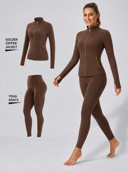 Women's Gold-Color Zip-Up Jacket & Yoga Leggings Set