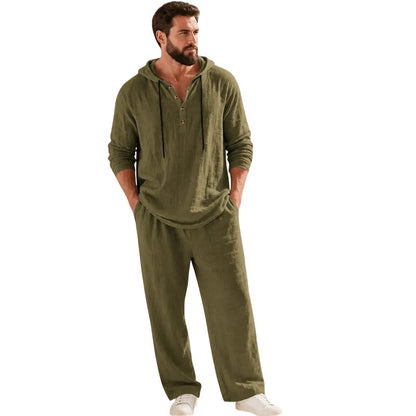 ⏰Clearance Sale⚡ Two-Piece Linen Set with Hooded Henley Top and Relaxed Trousers